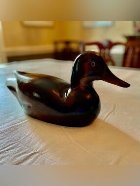 Hand-Finished Wood Duck Sculpture in Dark Brown